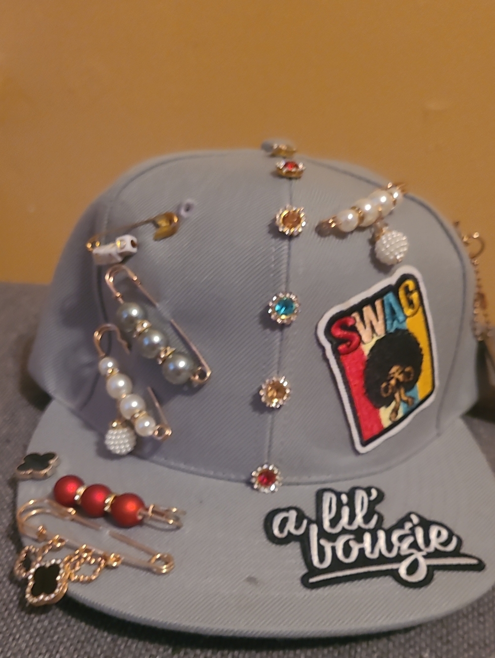 Gray Embellished Cap with 'SWAG' Patch